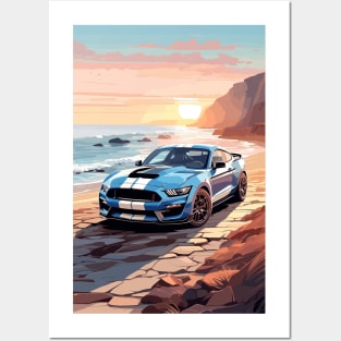 Modern American GT 500 Muscle Car Blue and White Poster Posters and Art